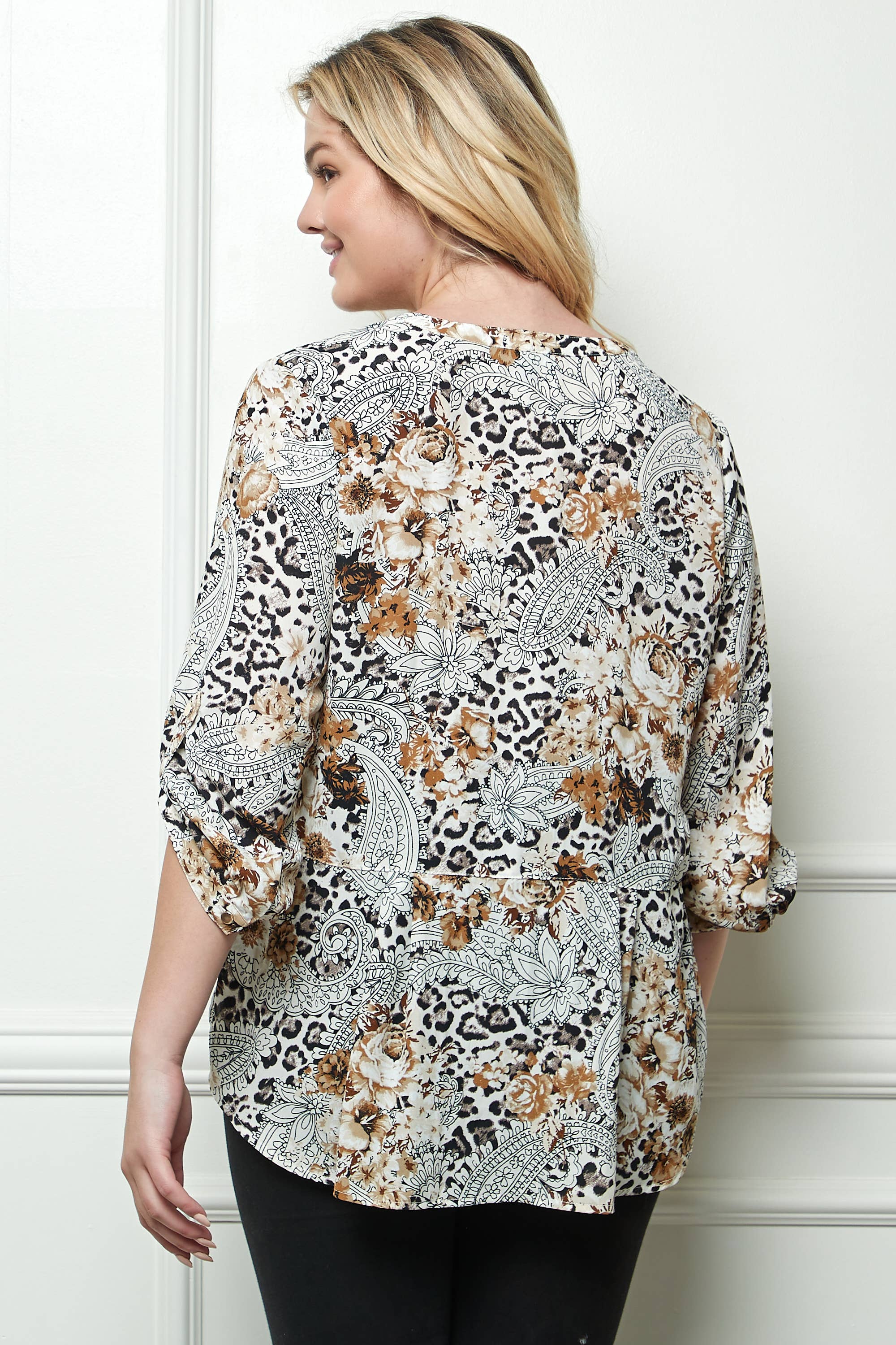 Ivory Black Brow PLUS SIZE ABSTRACT ANIMAL PRINT BLOUSE G220977N30X for wholesale on Faire2
