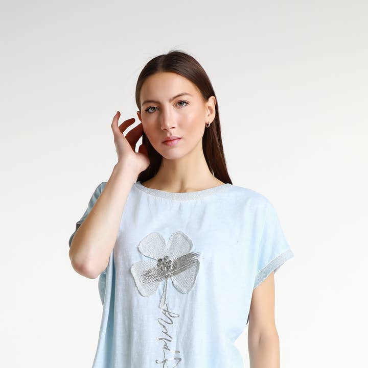 Vanya Flower Short Sleeve Applique T-Shirt (BSS907F) for wholesale by TINA Stephens Italy/Tees By Tina