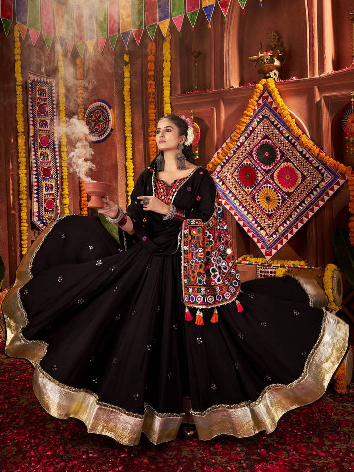 HATKE BRIDE - Wholesale Top & skirt set – Women's - Black Viscose Cotton Navratri Chaniya Choli For Indian Garba (9 Meters Flair) - Kutchi Patch Work, Thread Embroidery Work, Real Mirror Work4