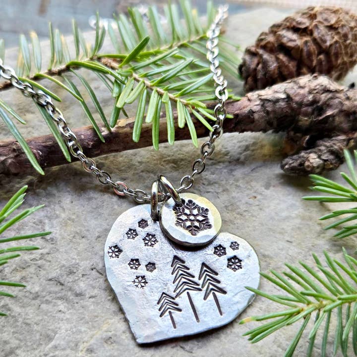 Winter Pine Tree Heart Necklace for wholesale by Kathryn's Collection
