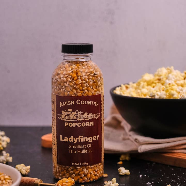 Amish Country Popcorn – wholesale Popcorn – 14oz Bottle of Ladyfinger Hulless Popcorn