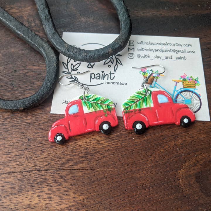 Red Christmas Truck Holiday Clay Earrings for wholesale by With Clay & Paint