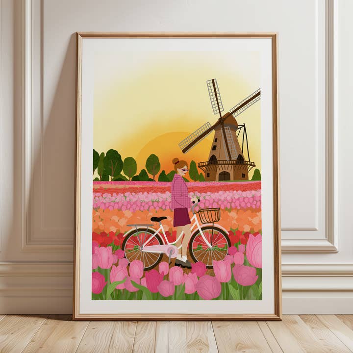 Affiche A4 illustration artistique - Fille aux tulipes des Pays-Bas pour la vente par Muchable