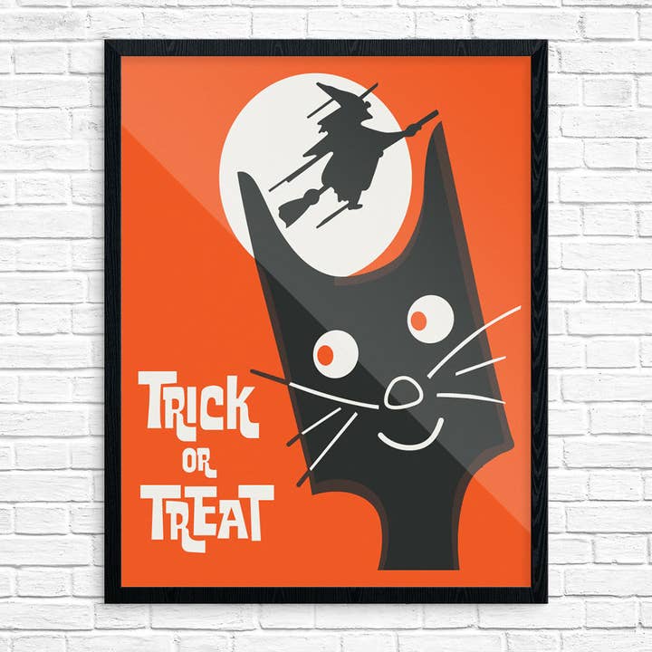 11" x 14 Halloween Trick or Treat Cat & Flying Witch Print for wholesale by Fridgedoor