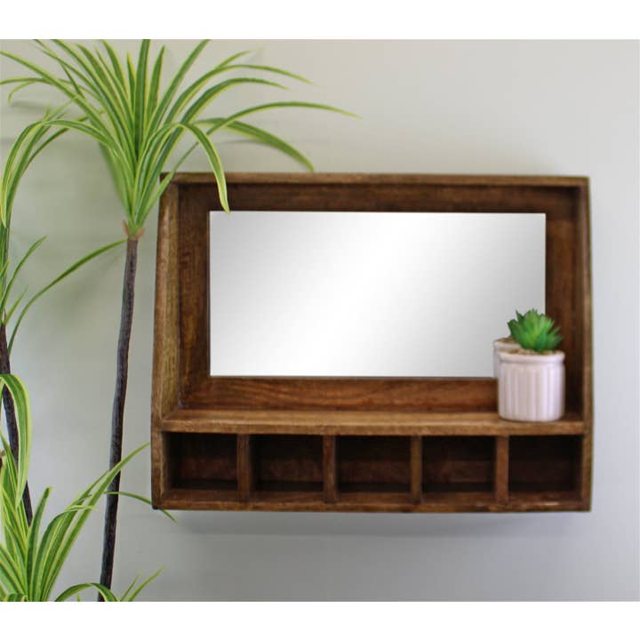 Brown Mango Wood Wall Shelf With Mirror & Storage Slots for wholesale on Faire