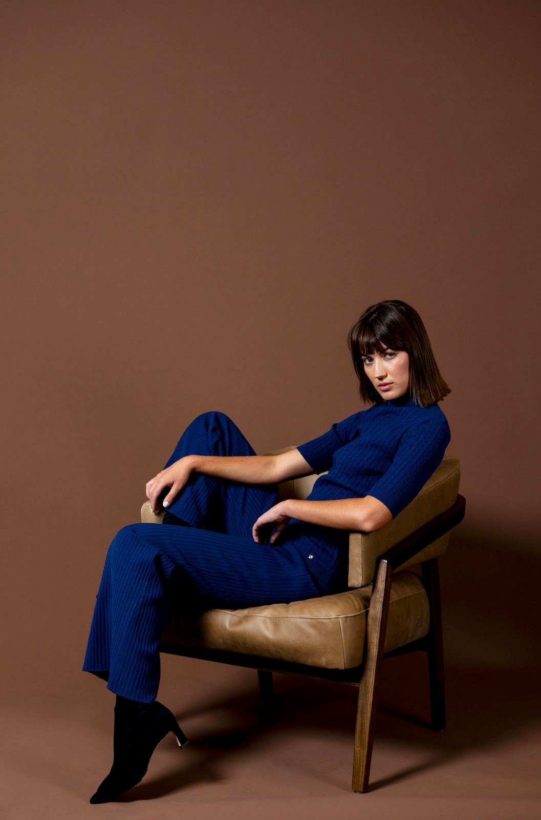 Biana - Wholesale Knit Top - Women's - Sherri Short Sleeved Cable-Knit Turtleneck, Navy3