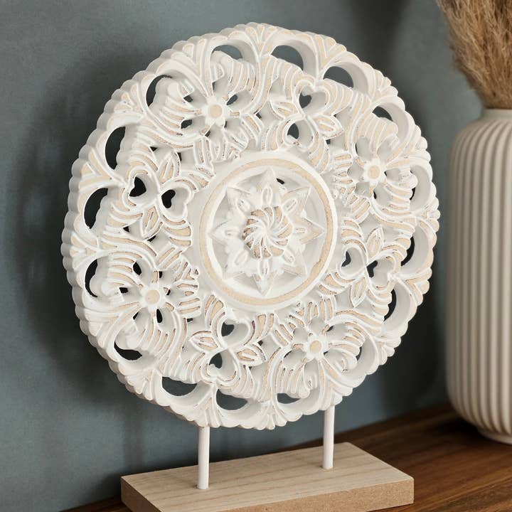 Meinposten – wholesale Dekorativt bordsobjekt – Dekoration med sockel Ställ träbild Shabby vintage blommönster Rund Ø 23cm