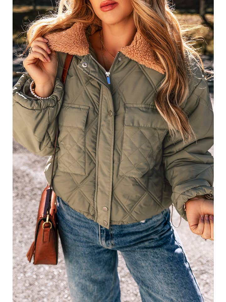 Jungle Green LDC Teddy Collar Flap Pockets Quilted Puffer Jacket for wholesale on Faire