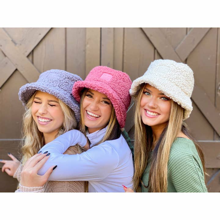 C.C Beanie - Wholesale Bucket Hat - Women's - Sherpa Bucket Hat with Rubber Patch KP008
