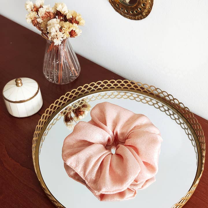IRIDESCENT BLUSH scrunchie/pink polyester with gold highlights for wholesale by Laure Derrey