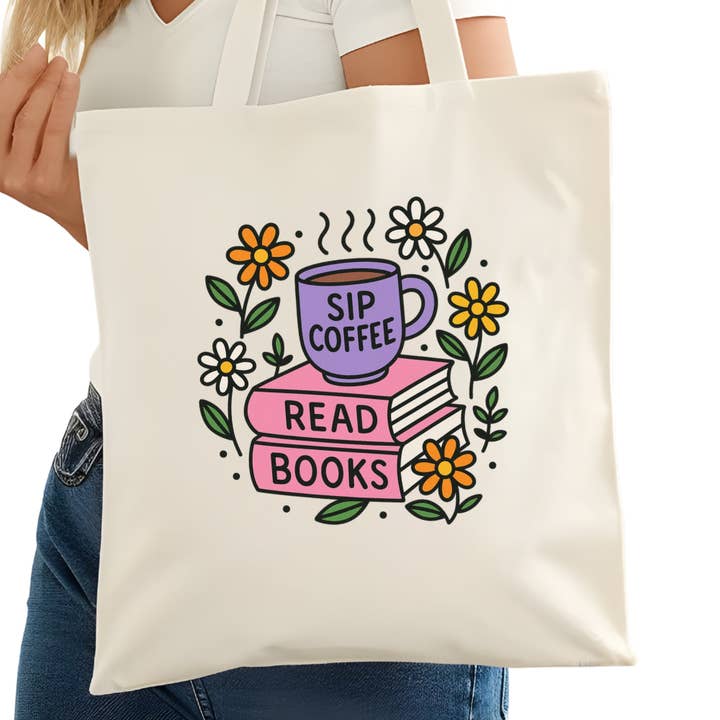 Sip Coffee Read Books Bookish Tote Bag – Reading Tote for Book Lovers – Book Reader Bag - Romance Reader Tote - Book Store for wholesale by Purely Bookish