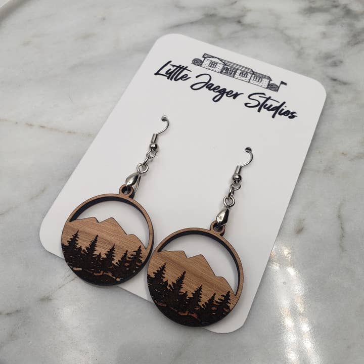 Little Jaeger Studios - Wholesale Dangle Earrings - Handmade Wooden Engraved Rustic Mountain Earrings0