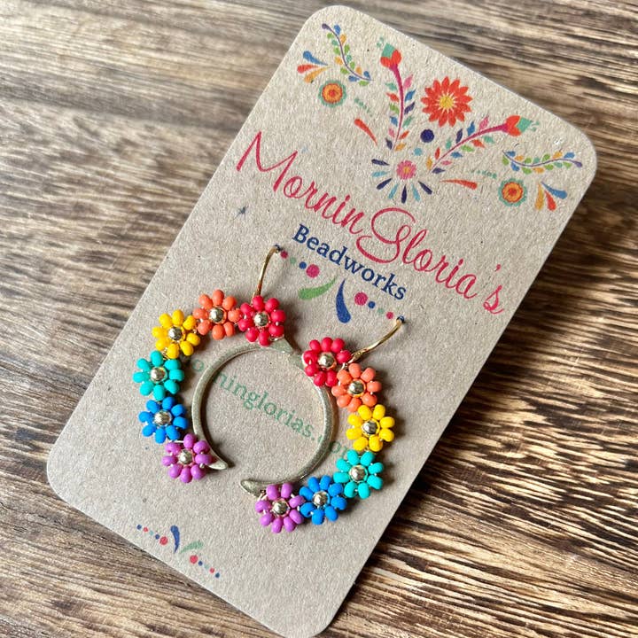 Small Rainbow Daisy Crescent Moon Earrings for wholesale by MorninGloria's