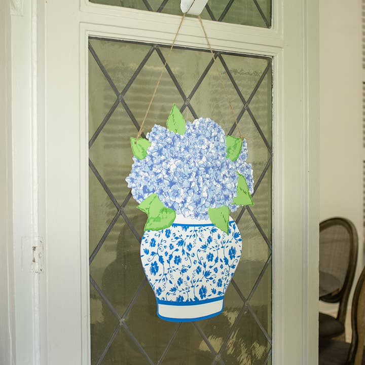 The Royal Standard - Wholesale Door Hanger - Hydrangea Vase Door Hanger Blue/White 19.75x15.75