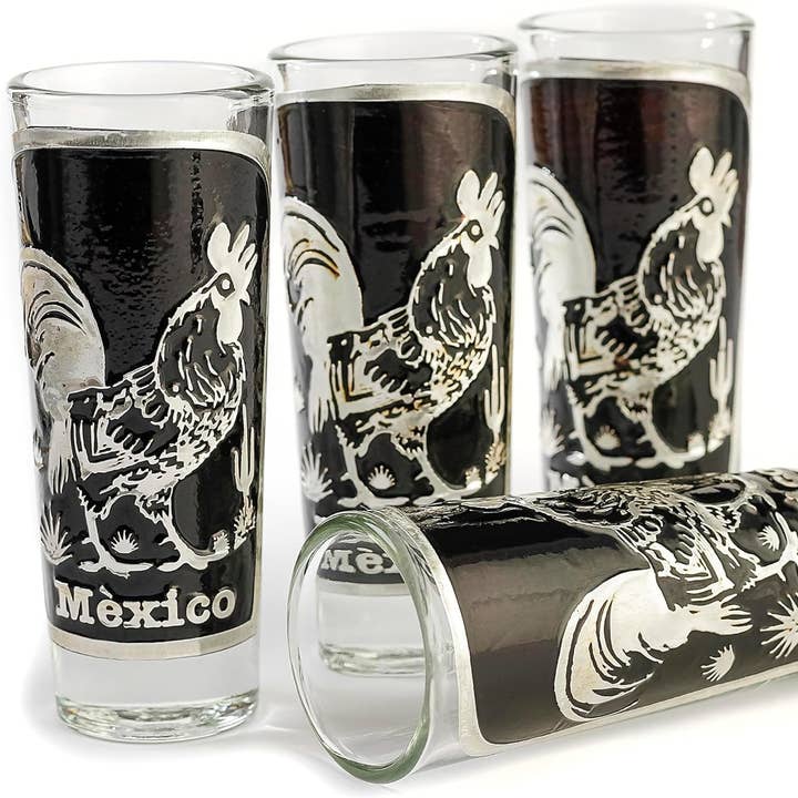 Handcrafted Mexican Rooster Repousse Shot Glass Set (4 pc) for Tequila & Mezcal for wholesale by MEXTEQUIL
