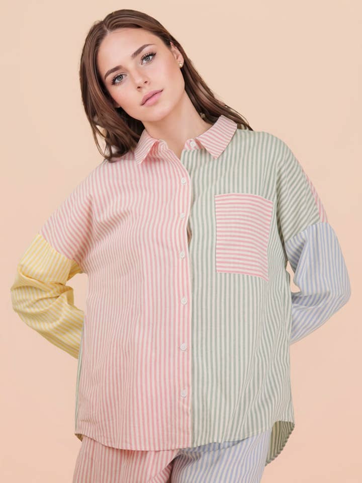 Conjunto de Camisa com Blocos de Cor às Riscas NT12498SET & Calções por atacado de VERY J