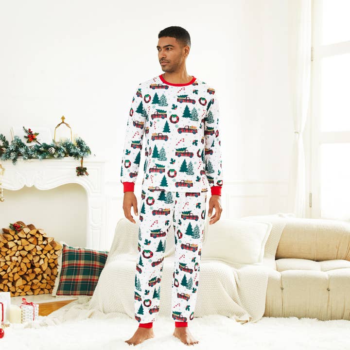 Multi Colored Christmas Family Allover Xmas Tree & Car Print Pajamas Set for wholesale on Faire