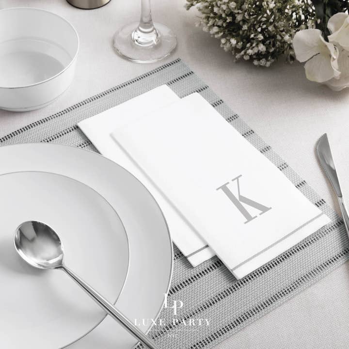 K Silver Monogram Paper Dinner Napkins | 14 Napkins for wholesale by Luxe Party
