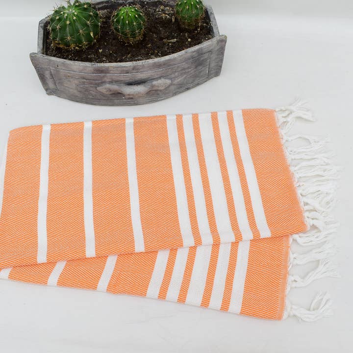 Organic Turkish Towels - Wholesale Tea Towel - Organic Dish Towel, Orange Stripe Towel, 20x368