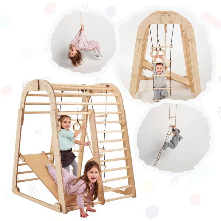 Goodevas - Vente Jouet en bois – enfant - Aire de jeux intérieure pour enfants - Aire de jeux 7 en 1 + Ensemble de balançoires + Toboggan + Ensemble d'art7