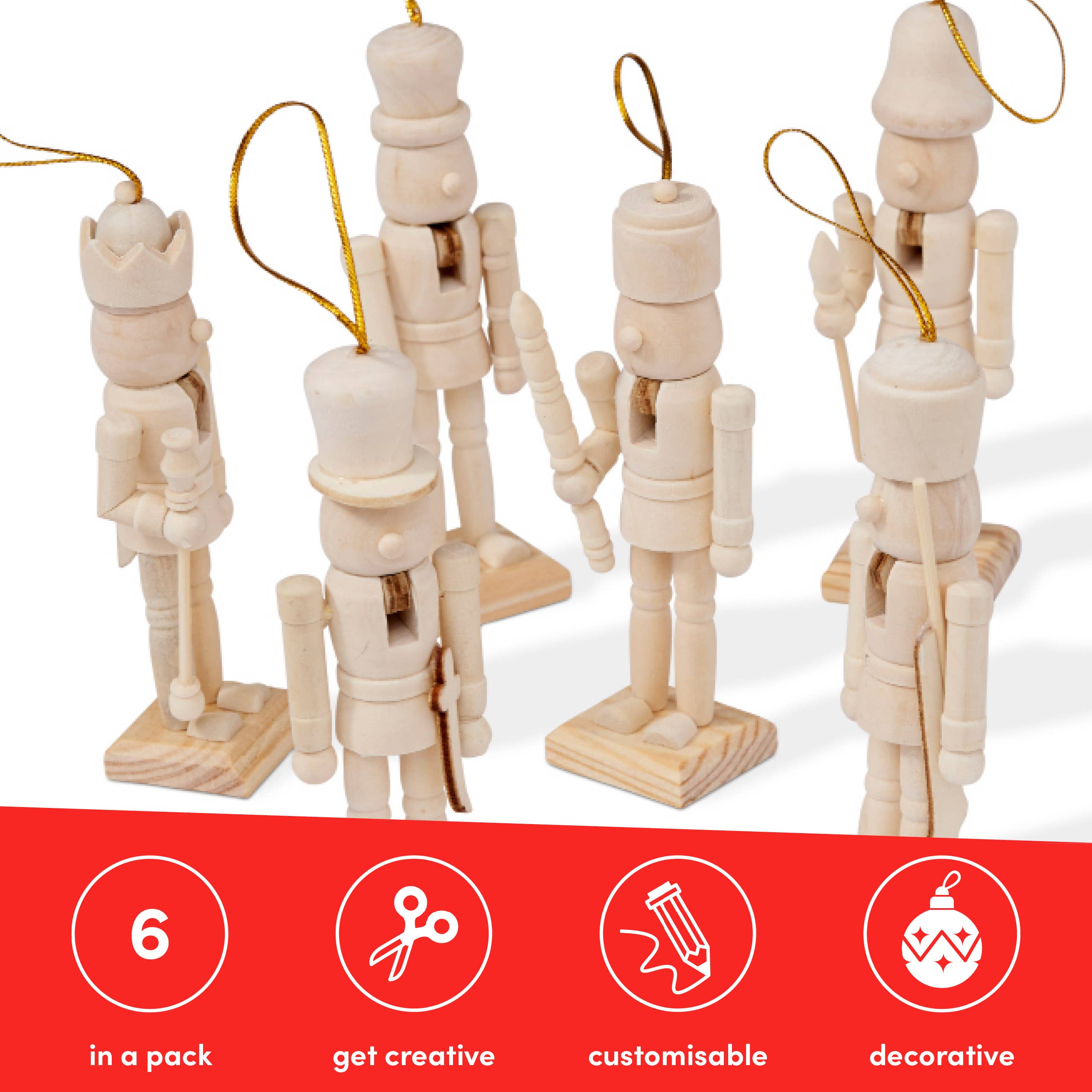 The Twiddlers - Vendita all'ingrosso Kit per lavoretti fai da te - Bambini - Set di 6 schiaccianoci di Natale in legno da 13 cm da dipingere4