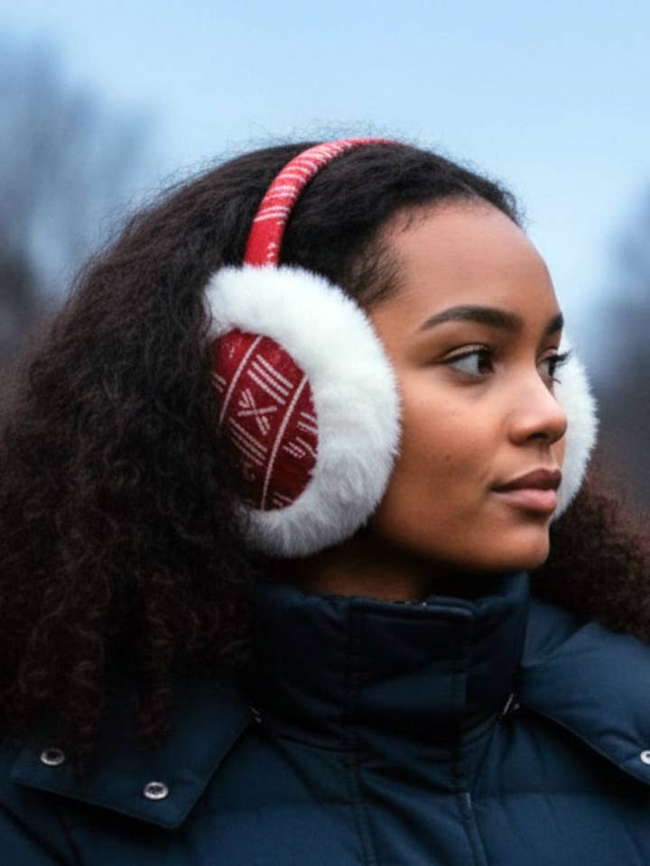 Orejeras de Estampado Africano - Calentadores de Oídos Plegables para Invierno - Bogolan Rojo Blanco para venta al por mayor de AfricanFabs