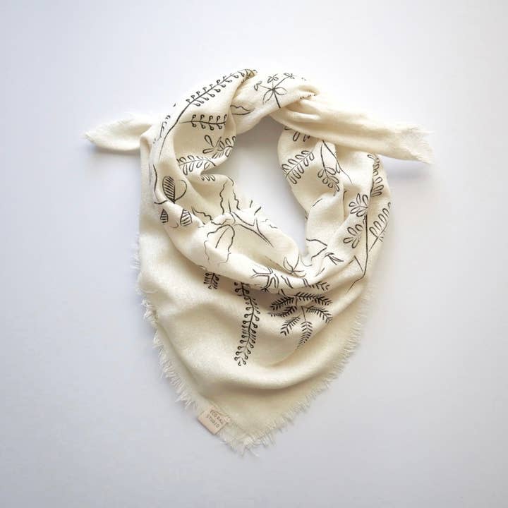 Cream Botanical Print Naturally Dyed Bandana (black ink) for wholesale by Eco Raw Studio