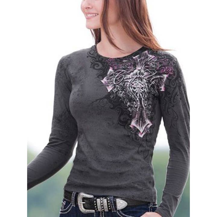 Cross Print Crew Neck Casual Punk T-Shirt for wholesale by Tourtiwi