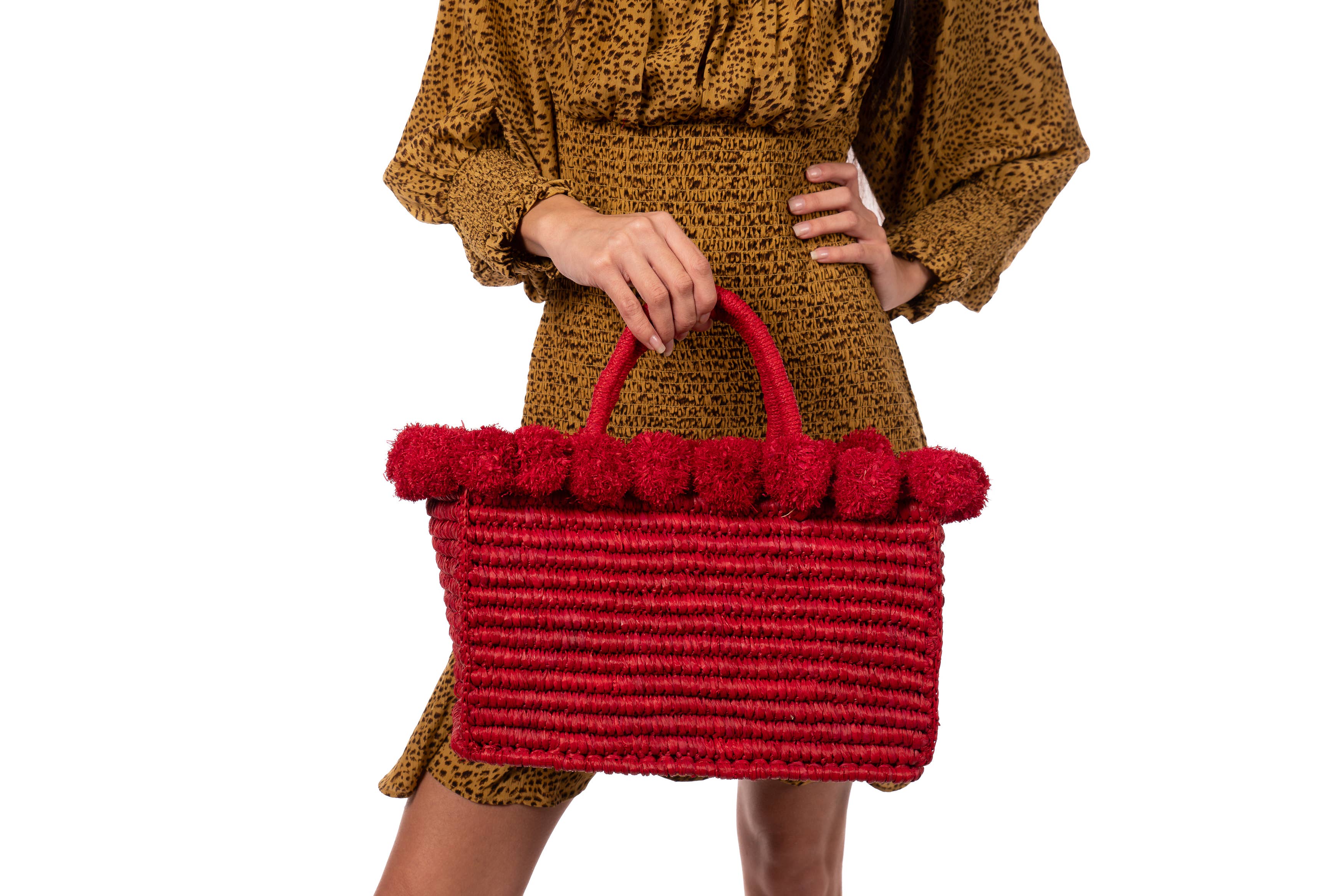 Shebobo - Wholesale Top Handle Bag - Women's - Rico Crochet Rectangle Straw Basket Handbag PomPom Trim Edge3