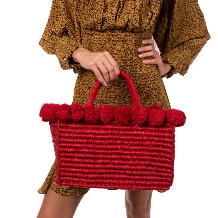 Shebobo - Wholesale Top Handle Bag - Women's - Rico Crochet Rectangle Straw Basket Handbag PomPom Trim Edge3