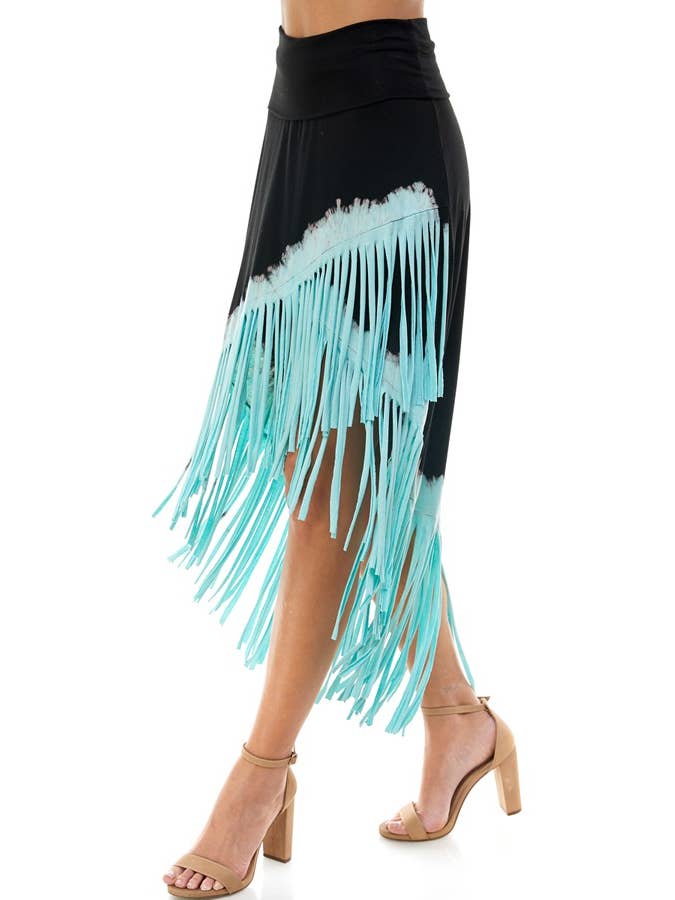 T-Party – wholesale Skirt – Women’s – Tri Color Die Dye Hi Low Horizontal Fringe Western Skirt1
