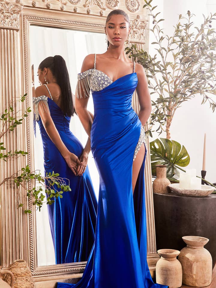 ROYAL BEADED OFF THE SHOULDER SATIN DRESS for wholesale on Faire