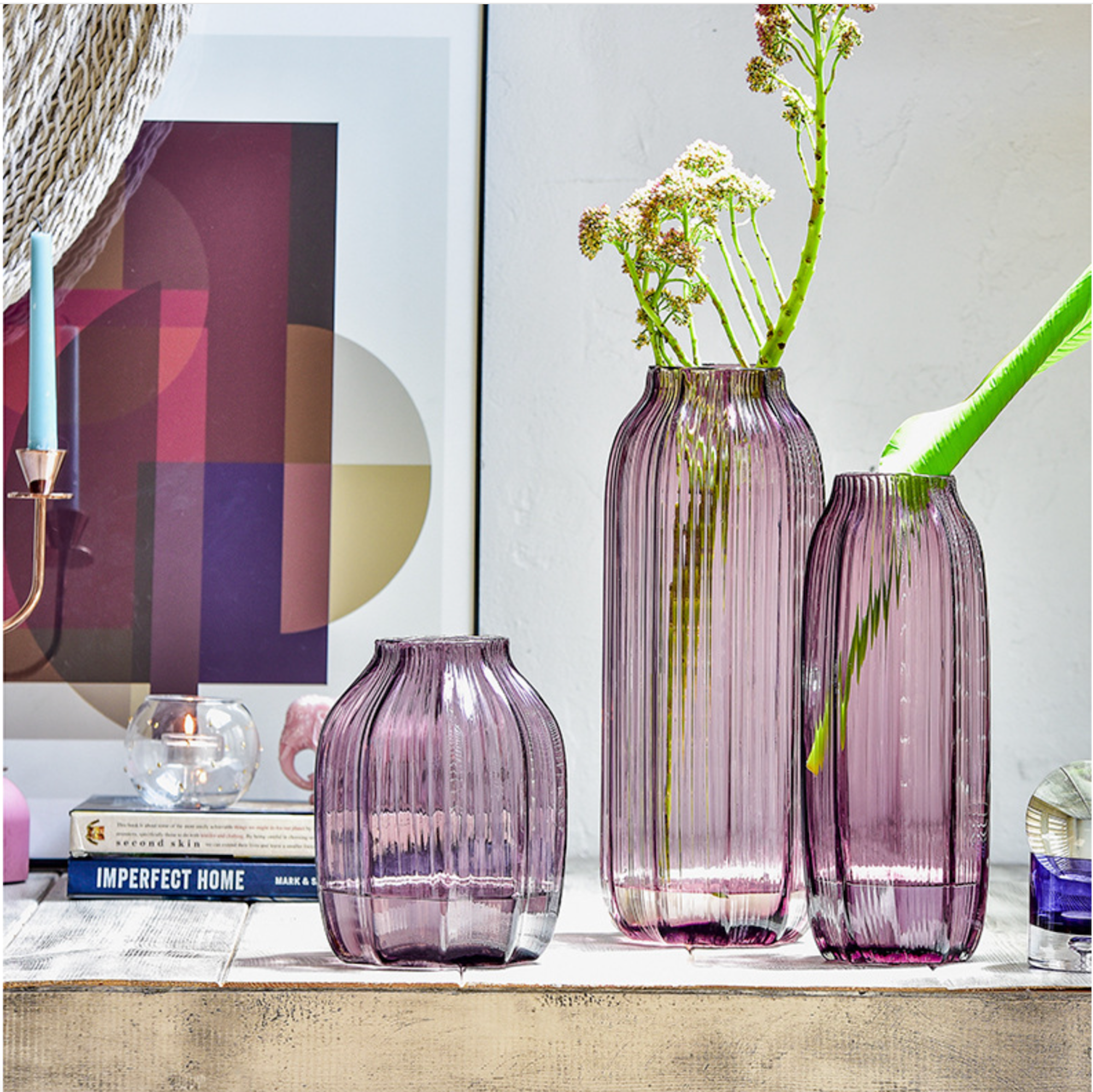 Noah Decoration - Vente Vases - Ensemble de vase moderne en verre bleu gris violet4