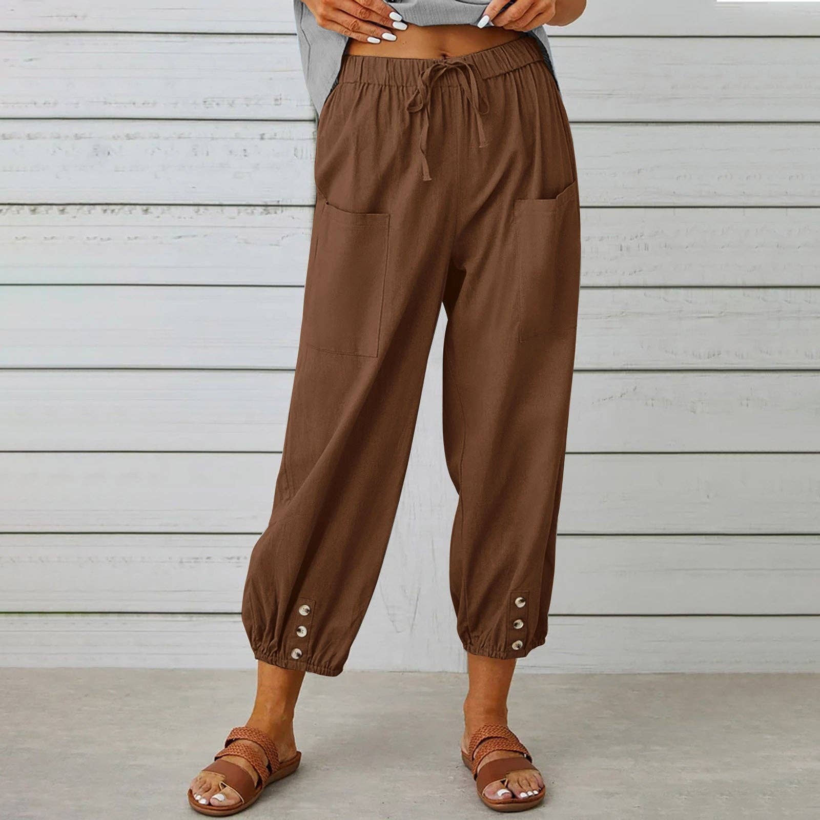 safistyle - Wholesale Pants - Women's - Loose High-Waist Buttoned Cotton Linen Wide-Leg Pants8