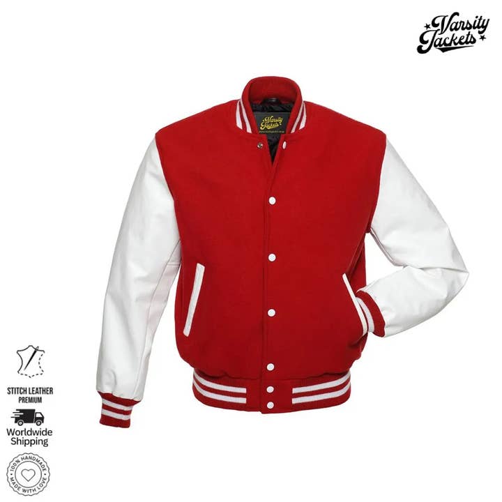 Red Wool & White Leather Sleeves Classic Letterman Jacket for wholesale by Varsity Craft