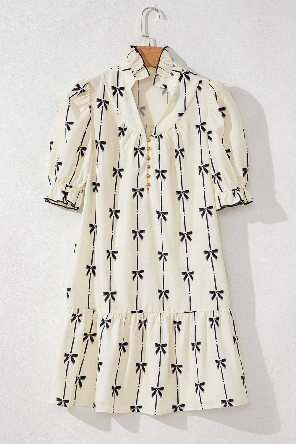 Beige Cute Bowknot Printed Bubble Sleeve V Neck Mini Dress for wholesale on Faire2