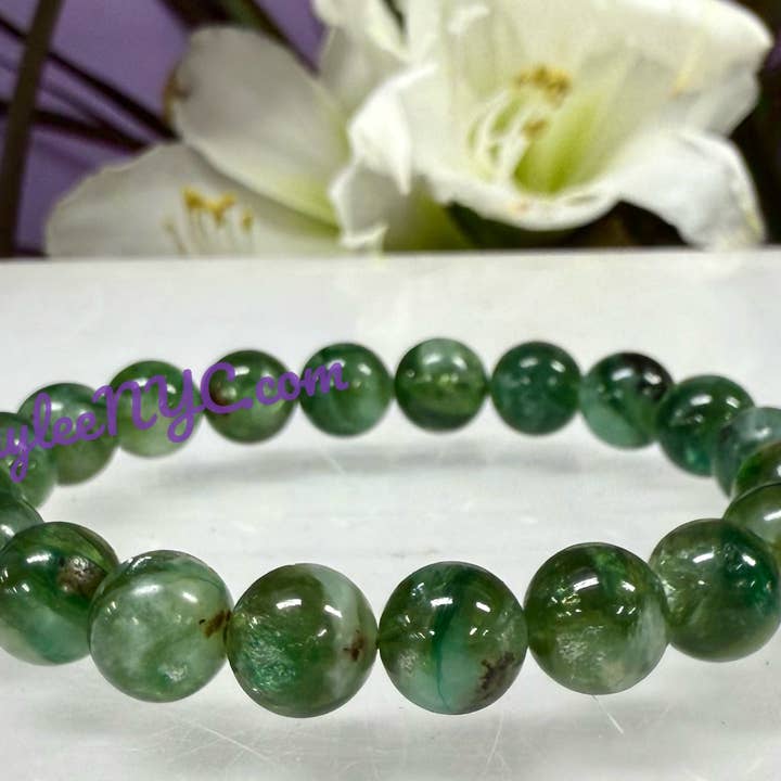 KayleeNYC – Pulseira de missangas por atacado – Pulseira Elástica de Lepidolita Mica Verde Natural 7,5”5