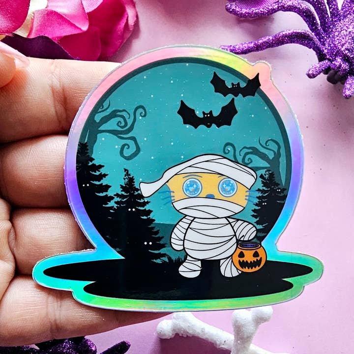 Holographic mummy Kawaii Stickers for wholesale by Jennyray illustrations