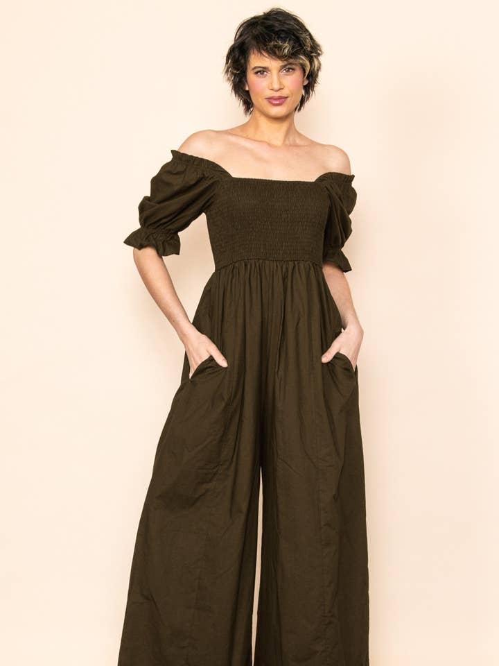 Comfy On Off Shoulder Puff Sleeve Wide Leg Jumper Jumpsuit for wholesale by Elloh Collection