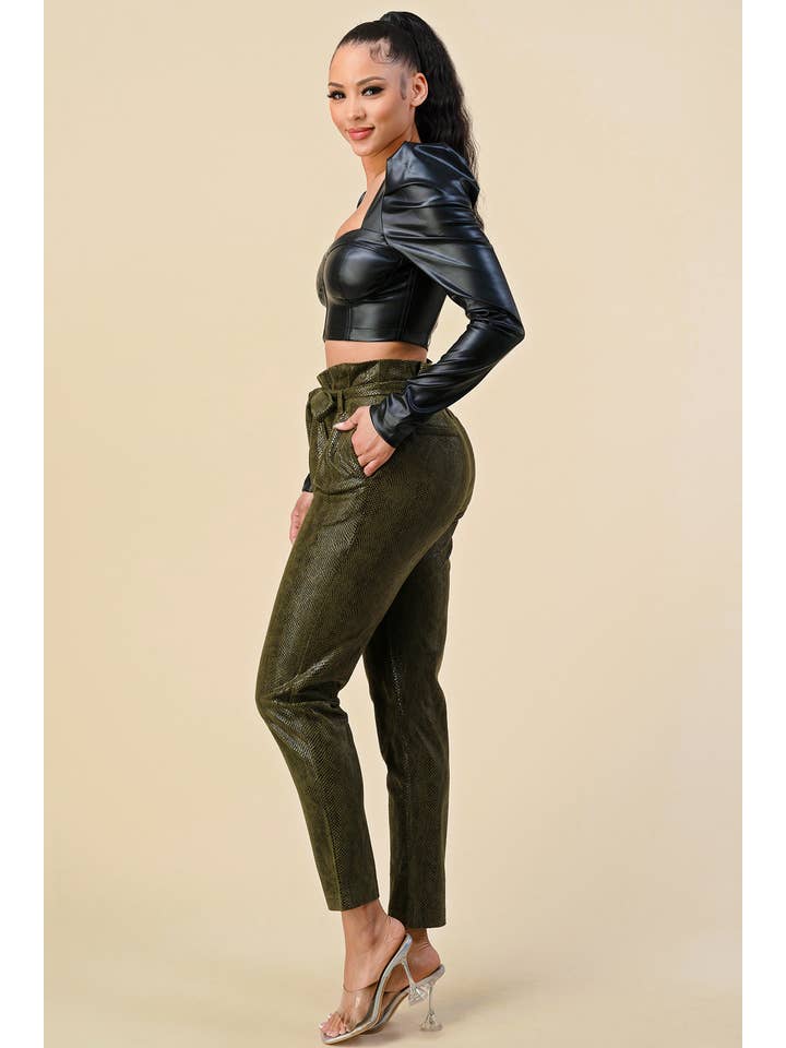 The Sang – wholesale Pants – Women's – SP4870-2 - SNAKE SKIN SLIM FIT PAPER BAG PANTS WITH TIE BELT16