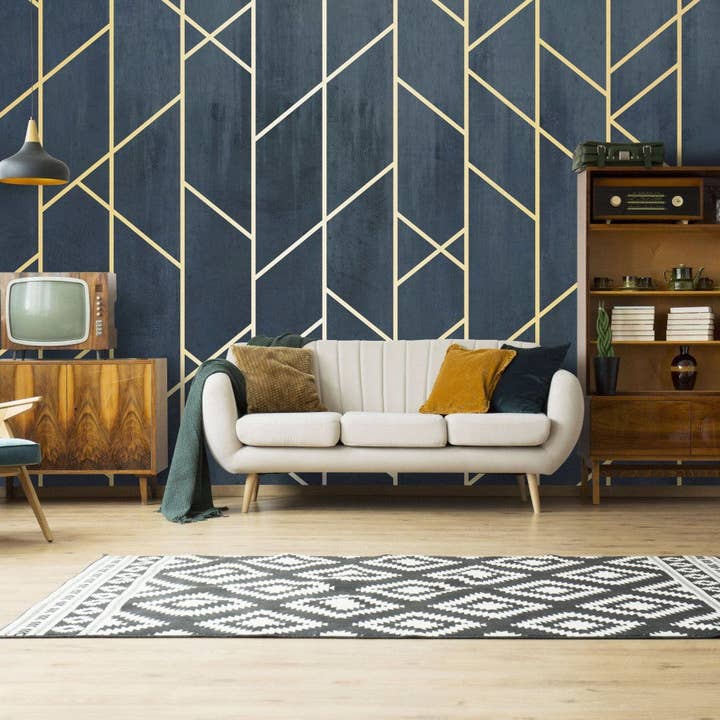 Les Panoramiques - Vente Papier peint - Papier peint géométrique bleu & doré1