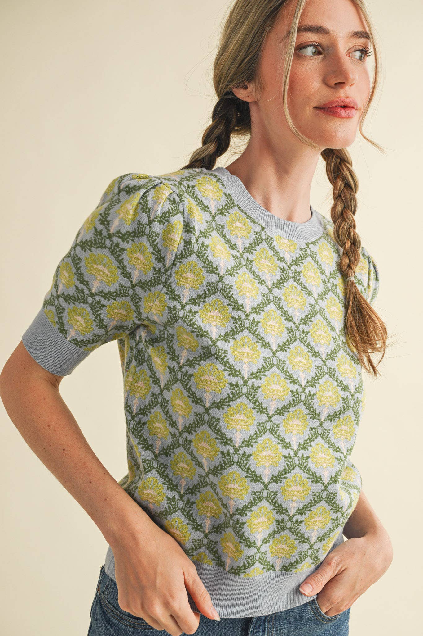 &MERCI - Wholesale Knit Sweater - Women's - FLORAL PATTERN SHORT SLEEVE SWEATER MSW1086039