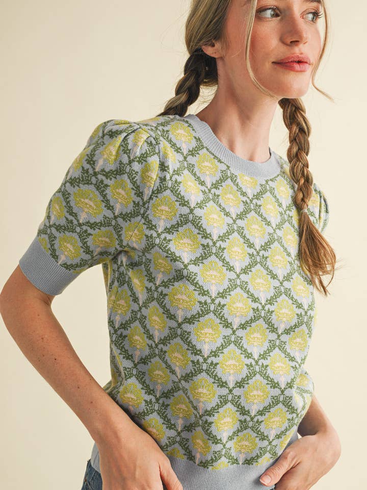 &MERCI - Wholesale Knit Sweater - Women's - FLORAL PATTERN SHORT SLEEVE SWEATER MSW1086039