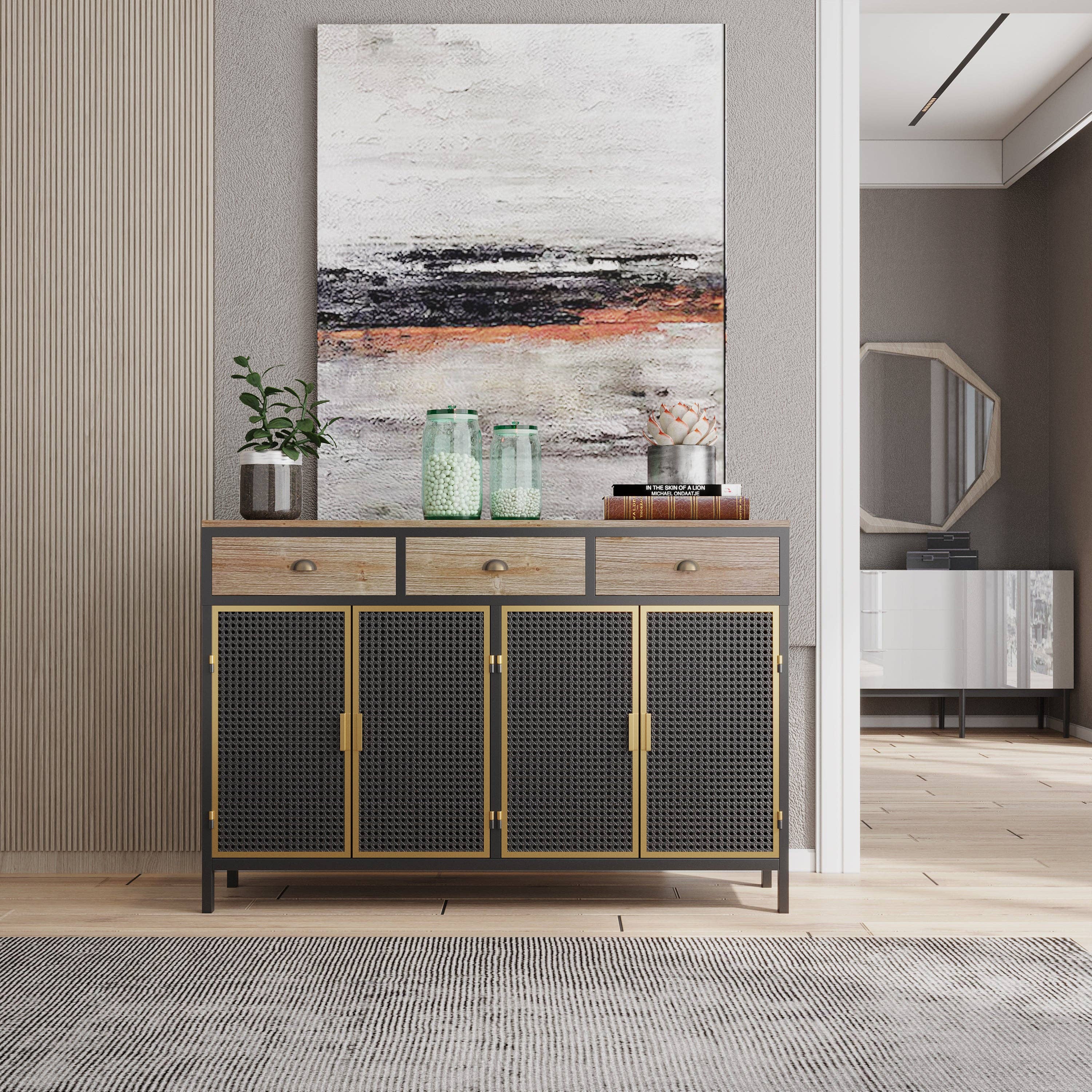 Orange County Decor - Wholesale Cabinet - 48" Wide 4 Doors Modern Sideboard With 3 Top Drawers, Freestanding Sideboard Storage Cabinet Entryway Floor Cabinet For Living Room Office Bedroom Dark Gray Metal3