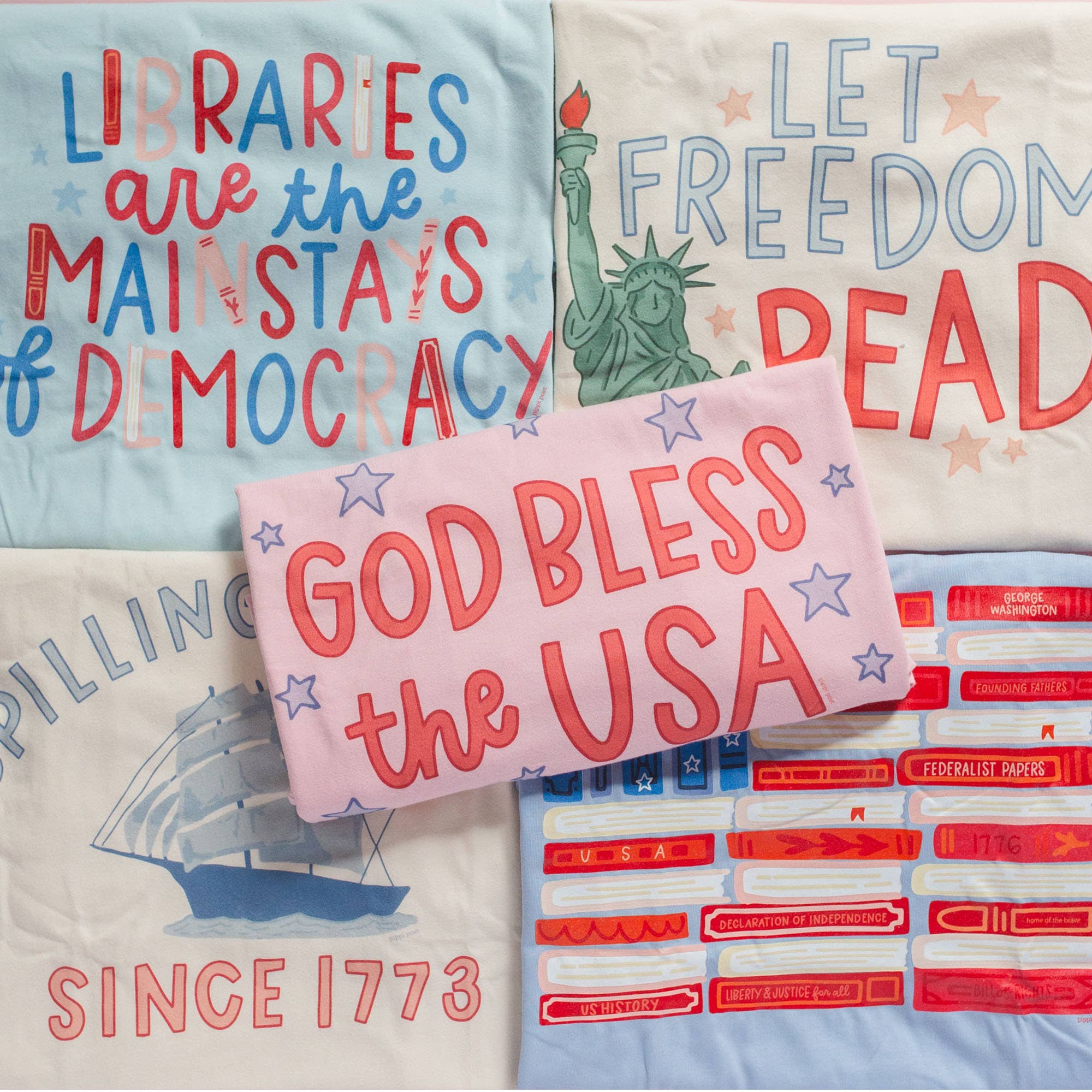 Pippi Post - Wholesale Screen Printed T-Shirt - Women's - American Flag Books Tee - Hydrangea2