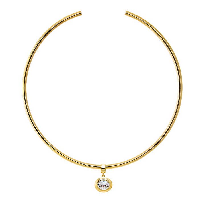 Colored CZ Oval Bezel/ Solid Tube Open Collar Pendant Necklace for wholesale by By Adina Eden