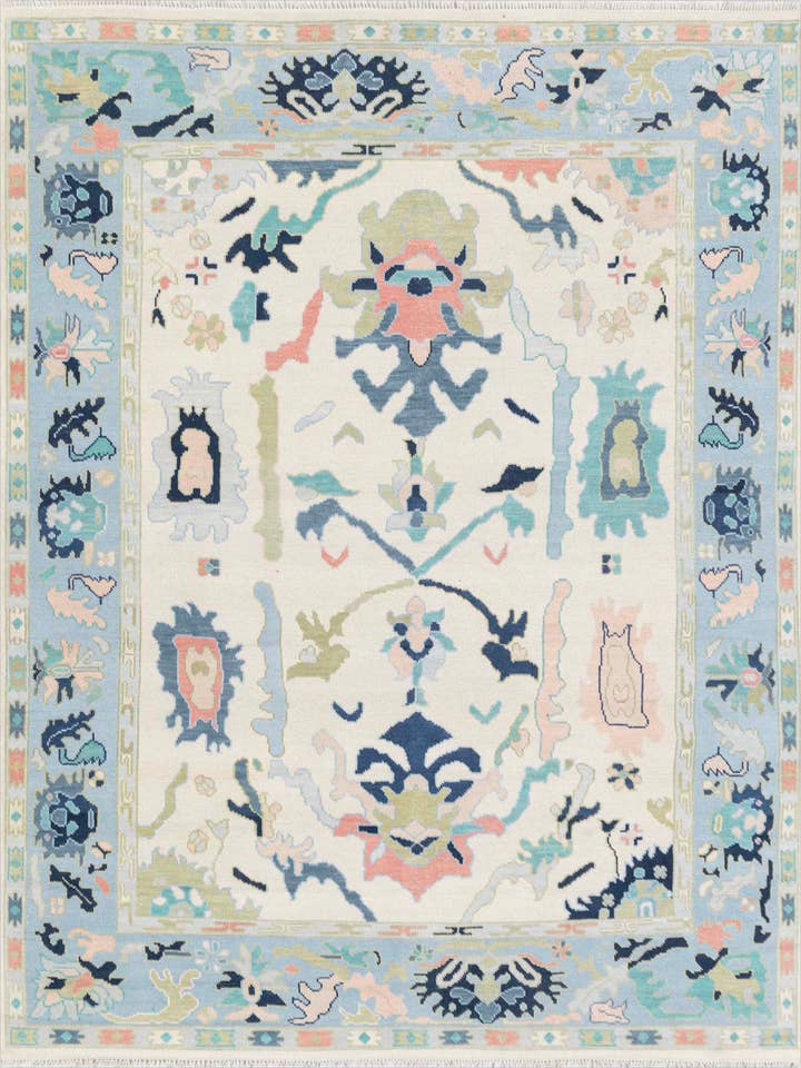 Neutrale Look Ivoor Blauw Turkse Stijl Oushak Wol TapijtJC-5757 voor wholesale door Aesthetic Homes LLC