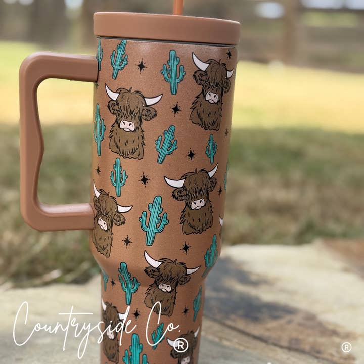 Texas Western Cowhide Bags and More - Wholesale Insulated mug/tumbler - Highland Cow 40oz Insulated Tumbler Cup4