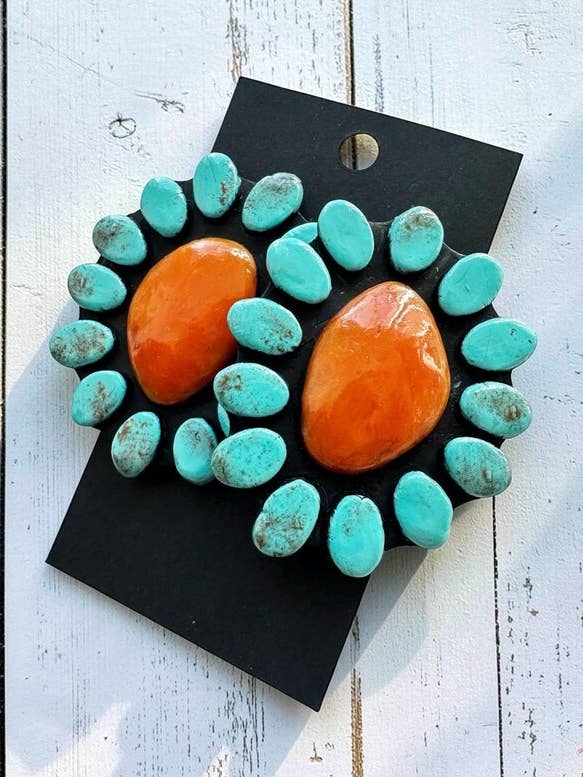 Grote nep-turkooise en oranje oorstekers, lichtgewicht klei western oorbellen, turkooise oorstekers voor wholesale door Shop B.A Wear