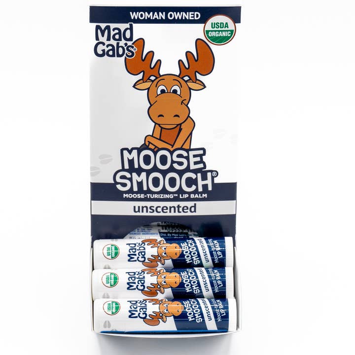 24pc Organic Moose Smooch Unscented Lip Balm POP for wholesale by Mad Gab's